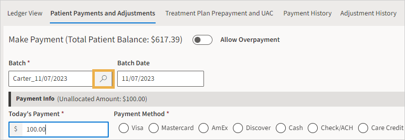 Payment posting with yellow highlight box around the Batch search field.